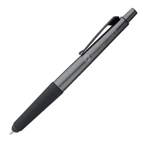 Grijze metalen balpen met touchfunctie en clip.