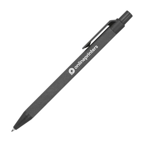 Zwarte kartonnen balpen met clip en drukknop.