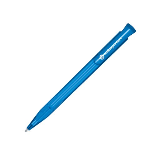 Blauwe plastic balpen met drukknopmechanisme.