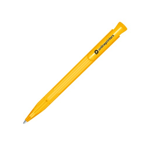 Gele plastic balpen met drukmechanisme.