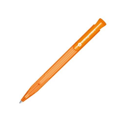 Oranje plastic balpen met drukknop.