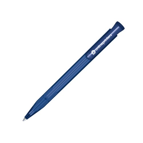 Donkerblauwe plastic balpen met drukknop.