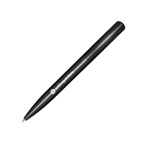 Zwarte plastic balpen met gepolijste afwerking en clip.
