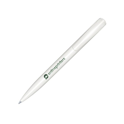 Witte plastic balpen met glanzende afwerking en drukmechanisme.