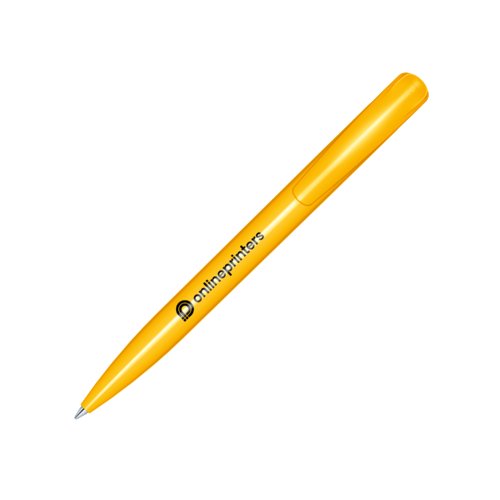 Gele plastic balpen met glanzende afwerking en drukknop.