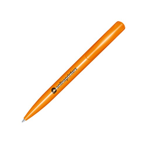 Oranje plastic balpen met glanzende afwerking en clip.