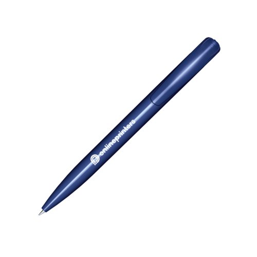 Donkerblauwe plastic balpen met glanzende afwerking en drukknop.