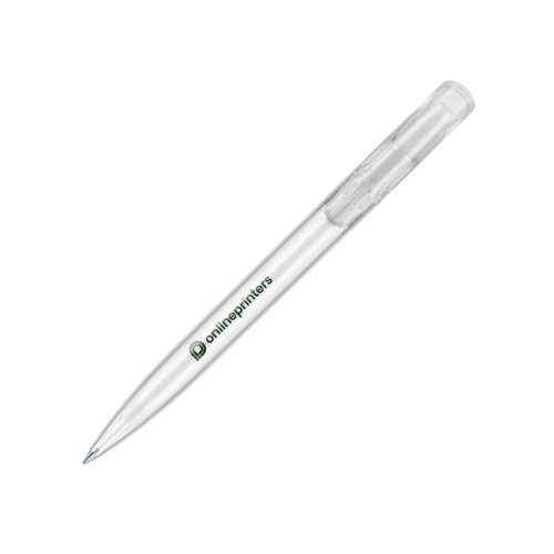 Witte plastic balpen met drukknop en clip.