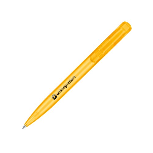 Gele plastic balpen met drukmechanisme.