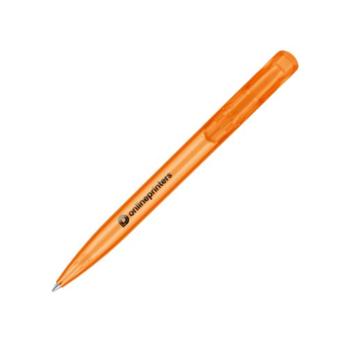 Oranje plastic balpen met drukknop.