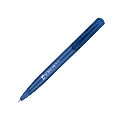 Donkerblauwe, matte plastic balpen met drukknop.