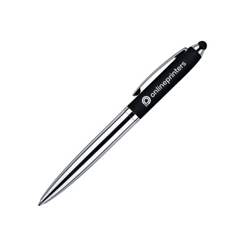 Zwarte metalen balpen met touchpad en draaimechanisme.