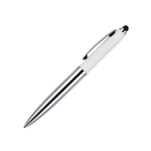 Witte draaibare balpen van kunststof en metaal met touchpad functie en clip.