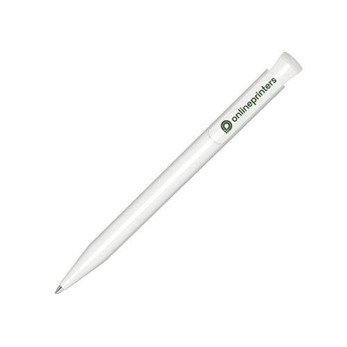 Witte plastic balpen met gladde afwerking en drukmechanisme.