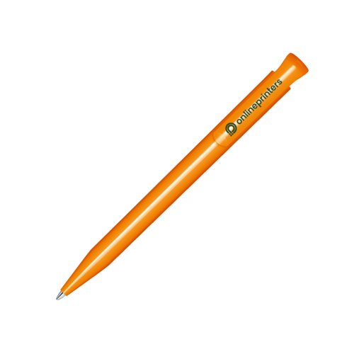 Oranje kunststof balpen met glanzende afwerking en drukmechanisme.