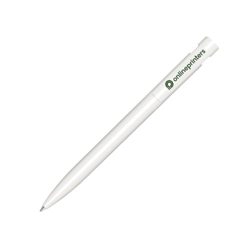 Witte plastic balpen met drukmechanisme.