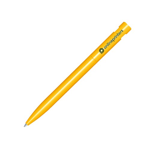 Gele plastic drukbalpen met gepolijste afwerking en clip.