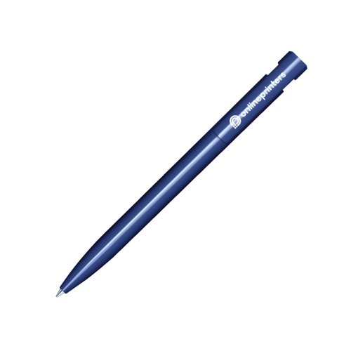 Donkerblauwe kunststof balpen met glanzende afwerking en drukknop.