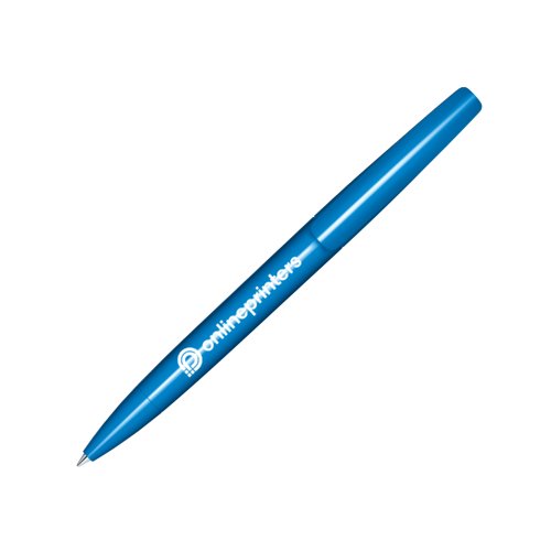 Blauwe plastic balpen met gepolijste afwerking en draaimechanisme.
