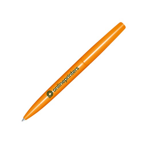 Oranje kunststof balpen met draaimechanisme.