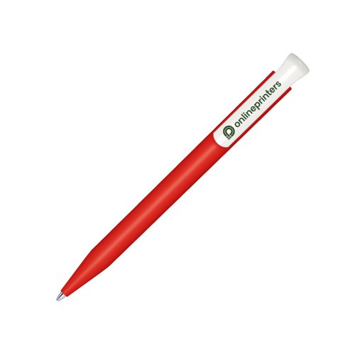 Rode en witte bioplastic klikpen met clip.