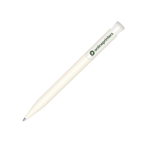 Witte bioplastic balpen met drukmechanisme en clip.
