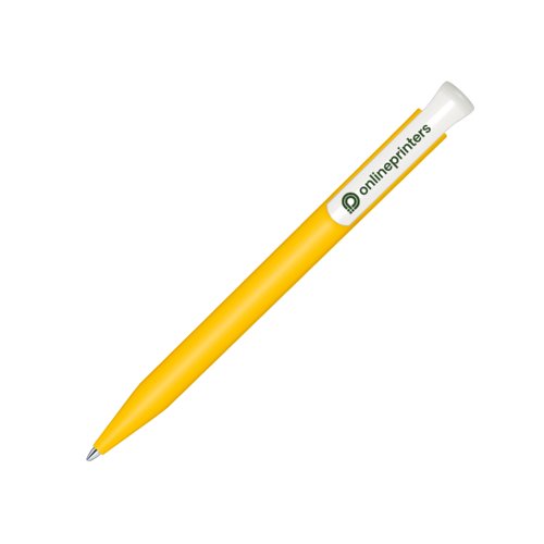 Gele bio balpen met drukmechanisme en clip.