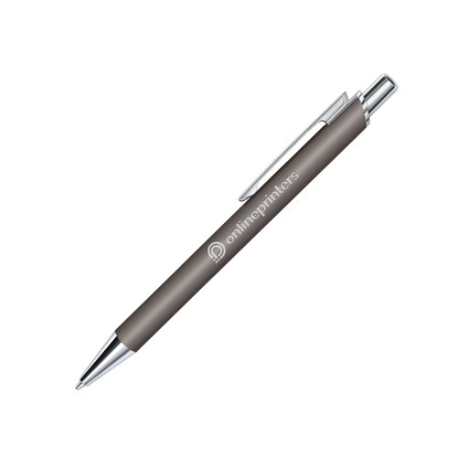 Grijze plastic balpen met zachte aanraking en clip.
