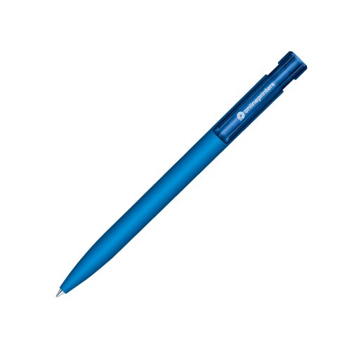 Blauwe balpen met drukmechanisme en zacht aanvoelend oppervlak.