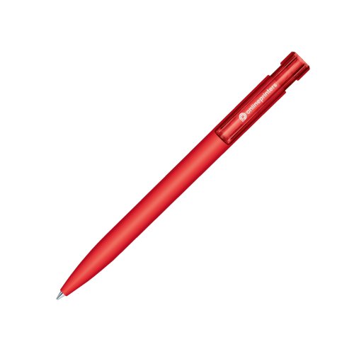 Rode balpen met drukmechanisme en soft-touch oppervlak.