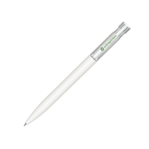 Witte balpen met drukknop en clip.