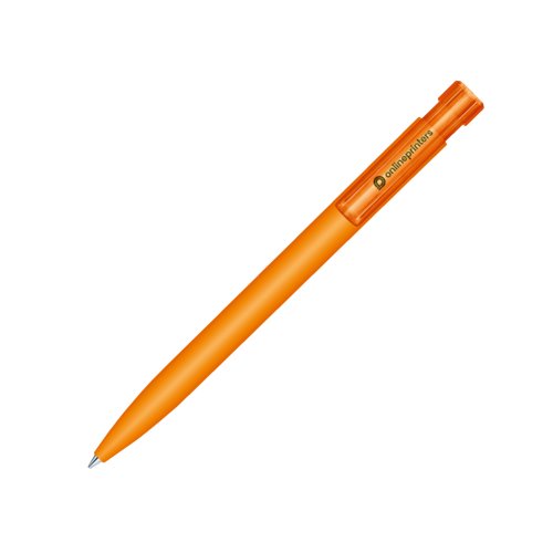 Oranje balpen met drukknopmechanisme en soft-touch oppervlak.