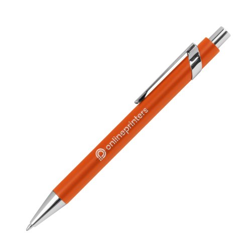 Oranje metalen balpen mit patroon, clip en drukmechanisme.