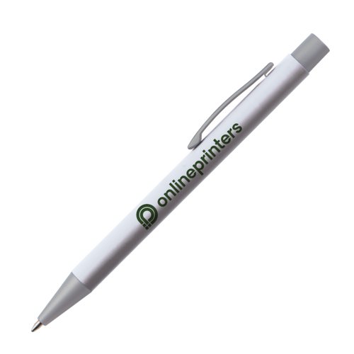 Witte plastic balpen met clip en drukmechanisme.