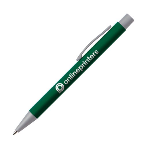 Groene kunststof balpen met clip en drukmechanisme.