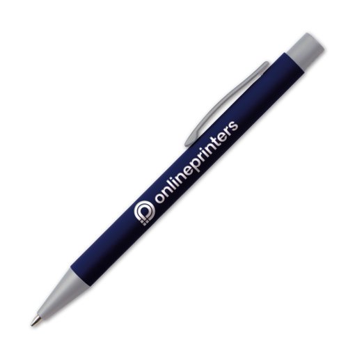 Donkerblauwe balpen met clip en drukknop.