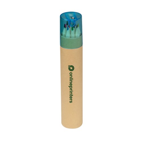 Houten kleurpotloden in papieren etui met puntenslijper.