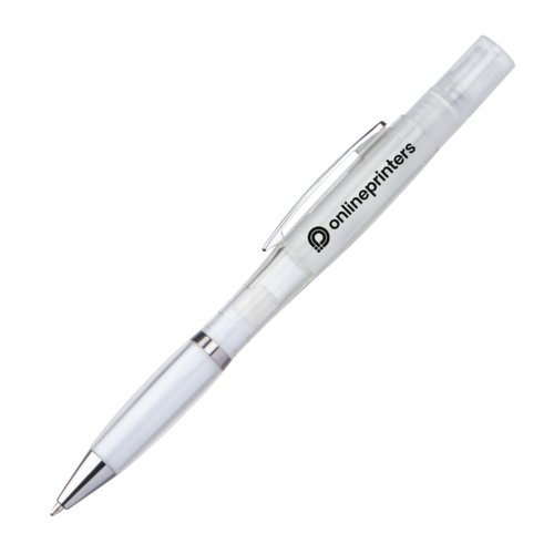 Witte plastic balpen met verstuiver en clip.