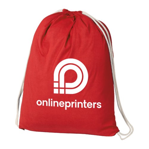 Rode katoenen gymtas met trekkoord.