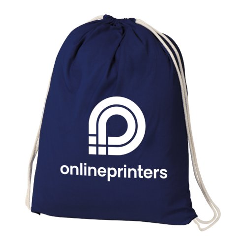 Donkerblauwe katoenen gymtas met trekkoord.