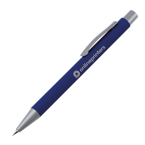 Blauw potlood met clip en drukmechanisme.