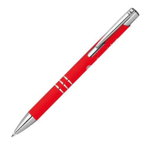 Rode gelpen met patroon, metalen elementen en drukmechanisme.
