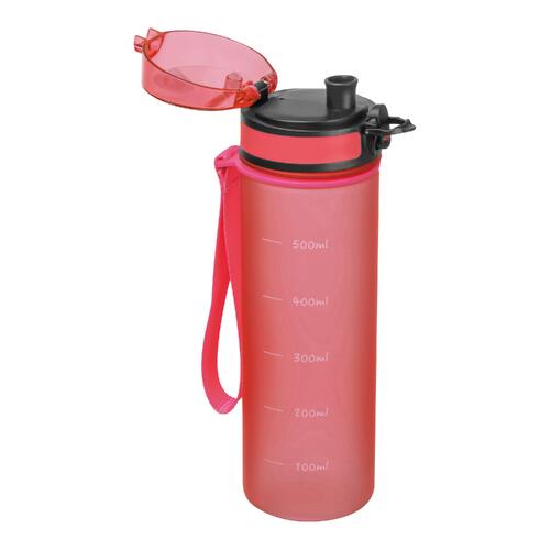 Roze Tritan drinkfles met draagriem en sluiting.