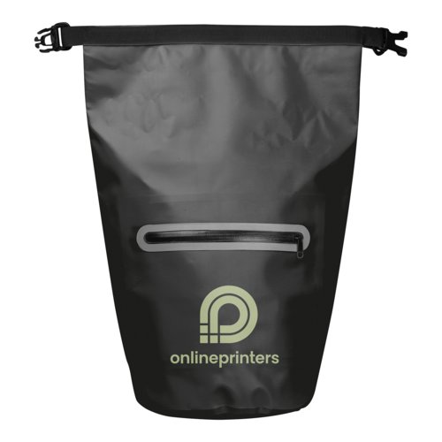 Zwarte, waterdichte tas met ritsvak en clipsluiting.