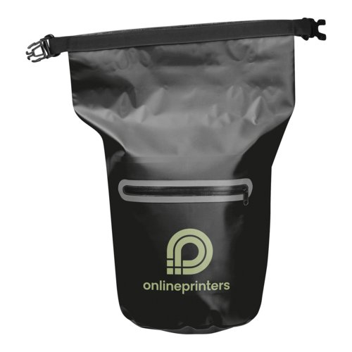 Zwarte waterdichte tas met patroon en ritssluiting.