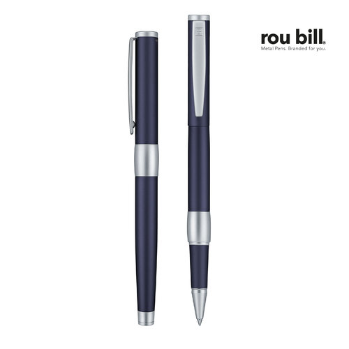 Blauwe metalen rollerball pen met dop en chromen details.