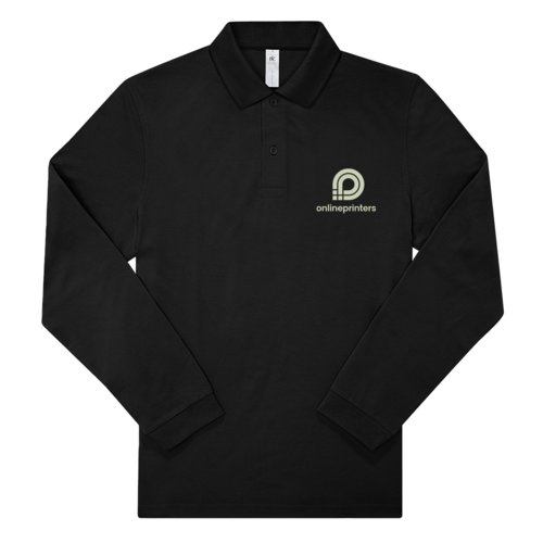 Zwart katoenen poloshirt met lange mouwen voor heren.