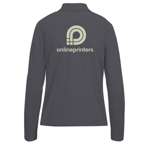 Donkergrijs katoenen damespoloshirt met lange mouwen.