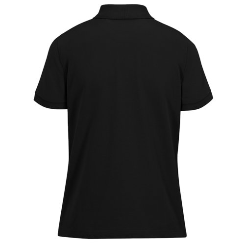 Zwart damespoloshirt van gerecycled polyester en katoen met korte mouwen.