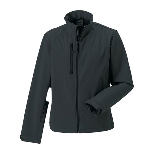 Donkergrijs softshell jack van polyester en elastaan voor heren.